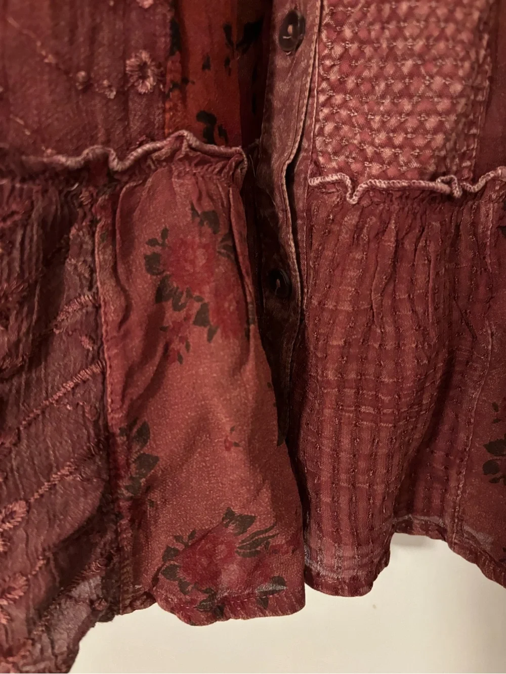 NWT - Burgundy Patchwork Boho Style Blouse - Picture 8 of 13